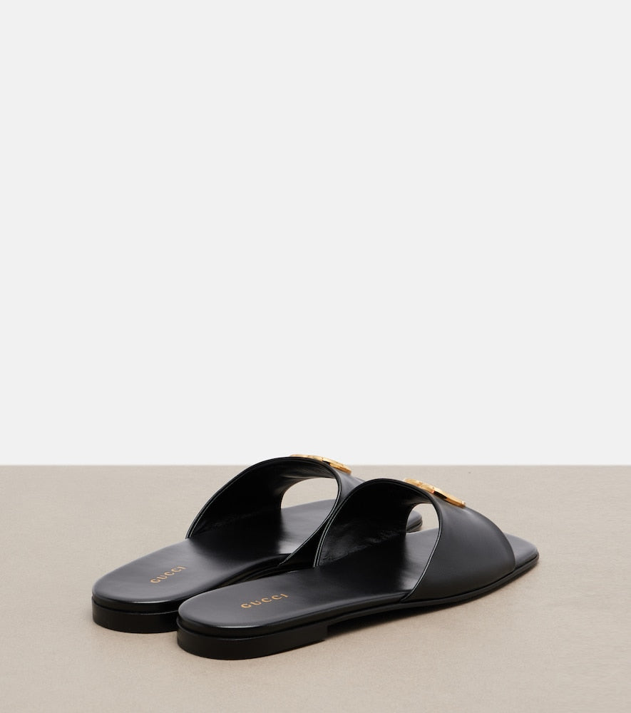Gucci Double G leather slides (Black) - Flat Sandals
