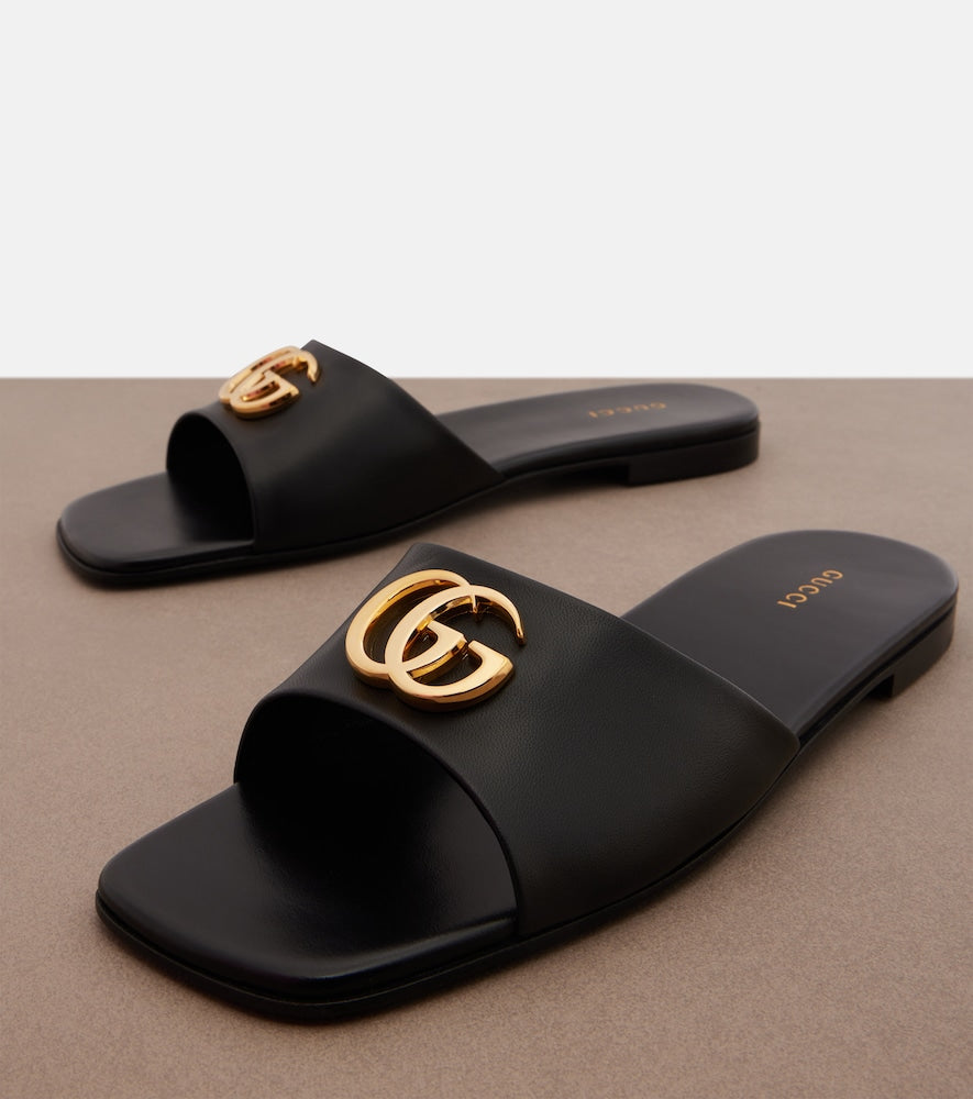 Gucci Double G leather slides (Black) - Flat Sandals