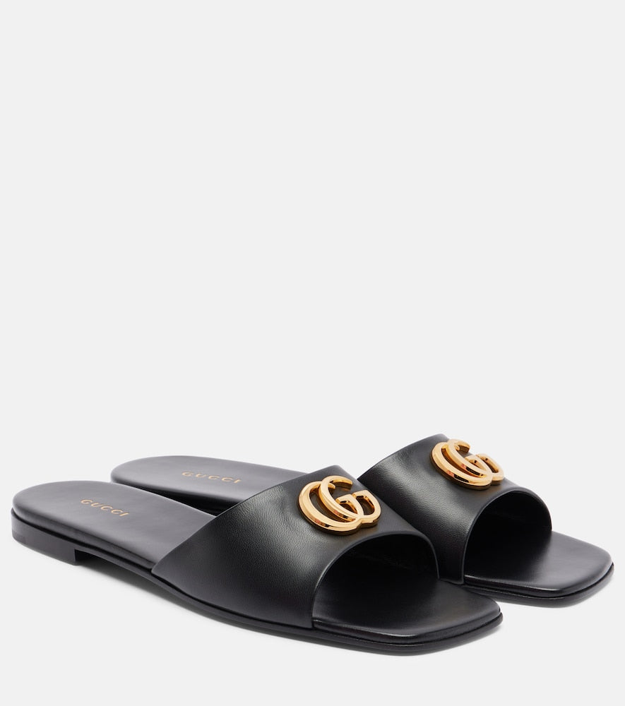 Gucci Double G leather slides (Black) - Flat Sandals