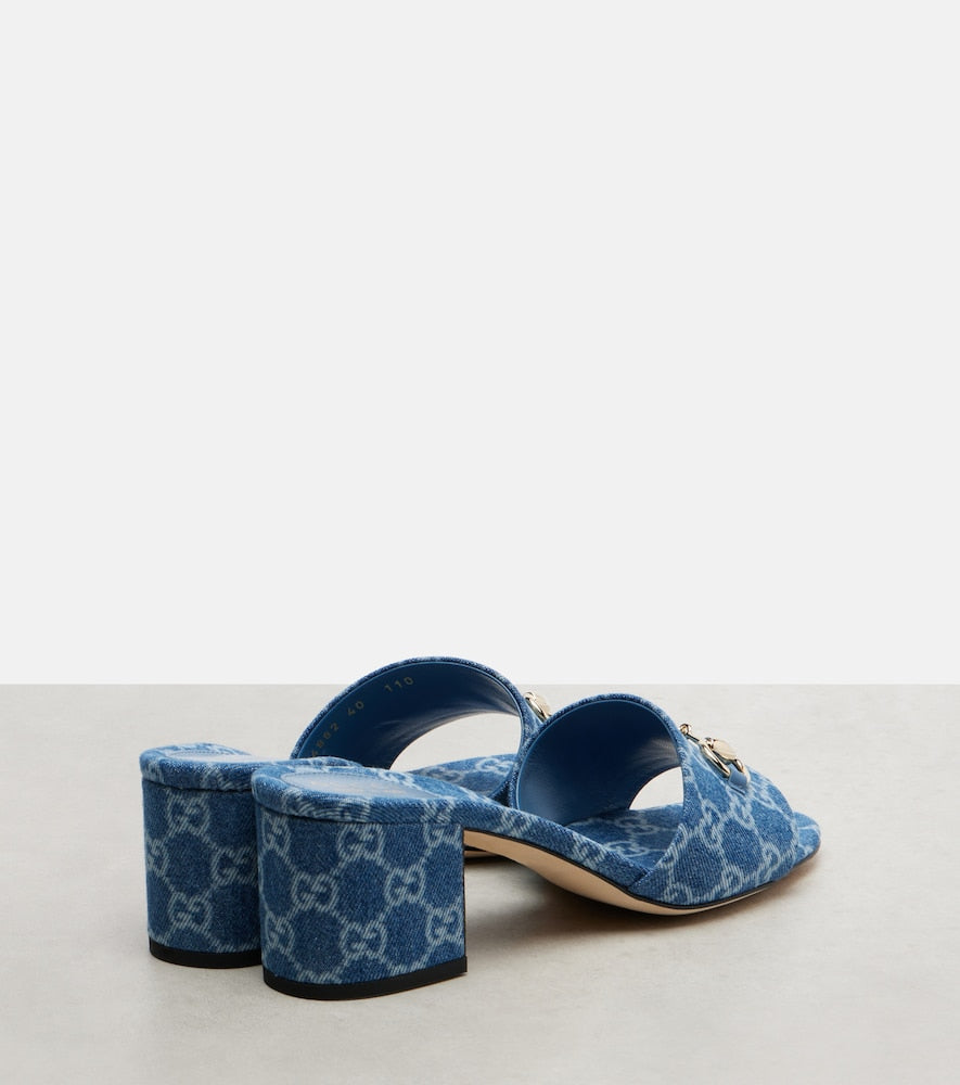 Blue Gucci Horsebit GG denim sandals - Heeled Sandals