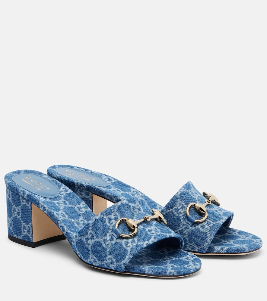Blue Gucci Horsebit GG denim sandals - Heeled Sandals