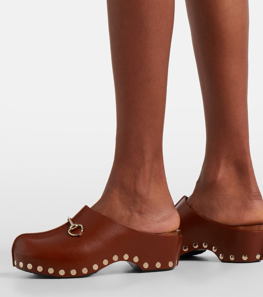 Gucci Horsebit studded leather platform clogs - Brown Mid Heel Pumps