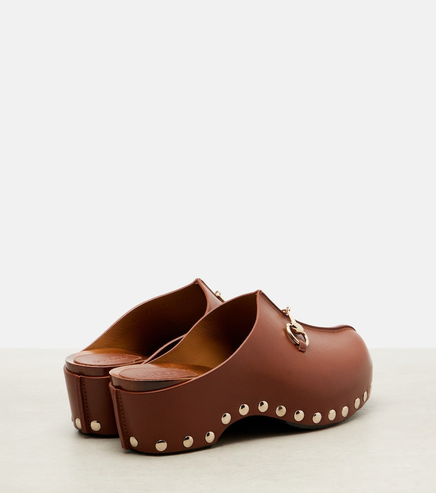 Gucci Horsebit studded leather platform clogs - Brown Mid Heel Pumps