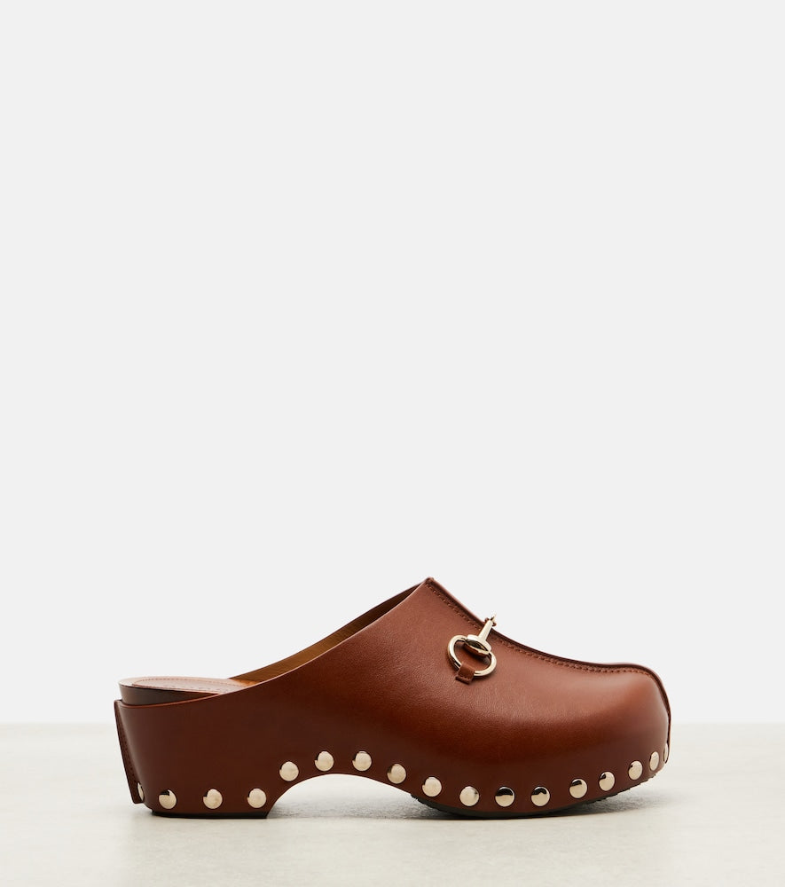 Gucci Horsebit studded leather platform clogs - Brown Mid Heel Pumps