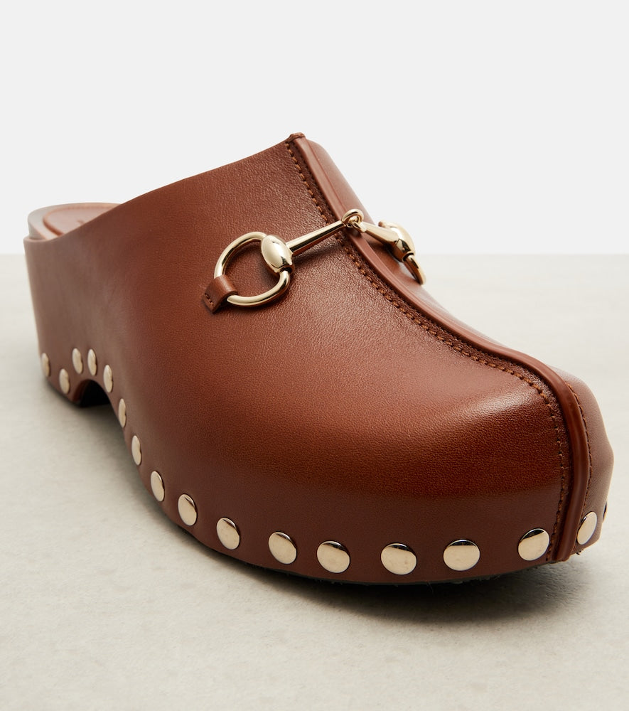 Gucci Horsebit studded leather platform clogs - Brown Mid Heel Pumps