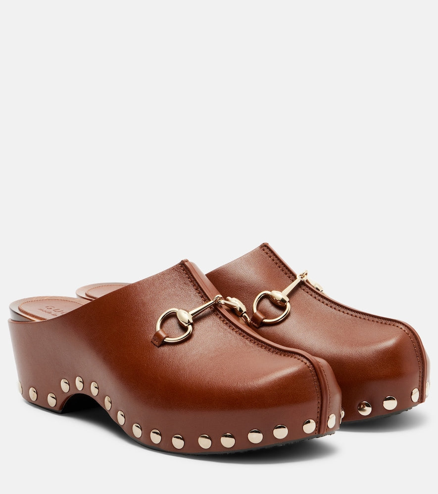Gucci Horsebit studded leather platform clogs - Brown Mid Heel Pumps