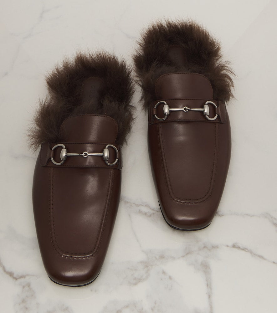 Brown Gucci Larindo Horsebit shearling-lined leather mules - Mules