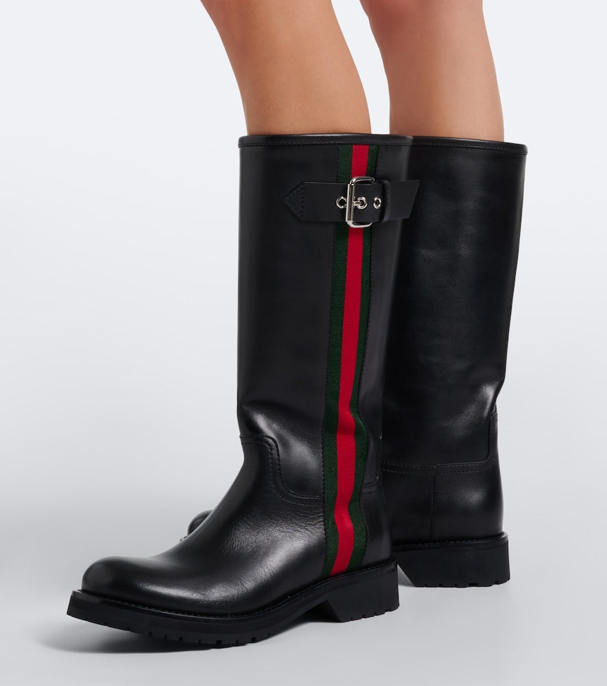 Gucci Web Stripe leather biker boots in Black - Flat Boots