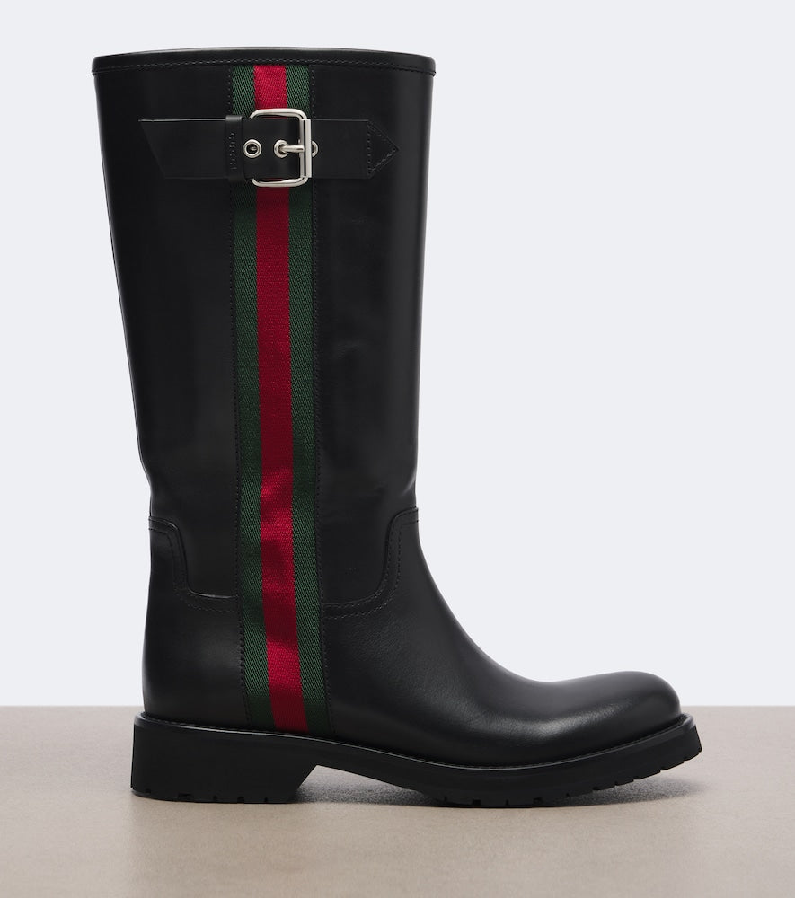 Gucci Web Stripe leather biker boots in Black - Flat Boots