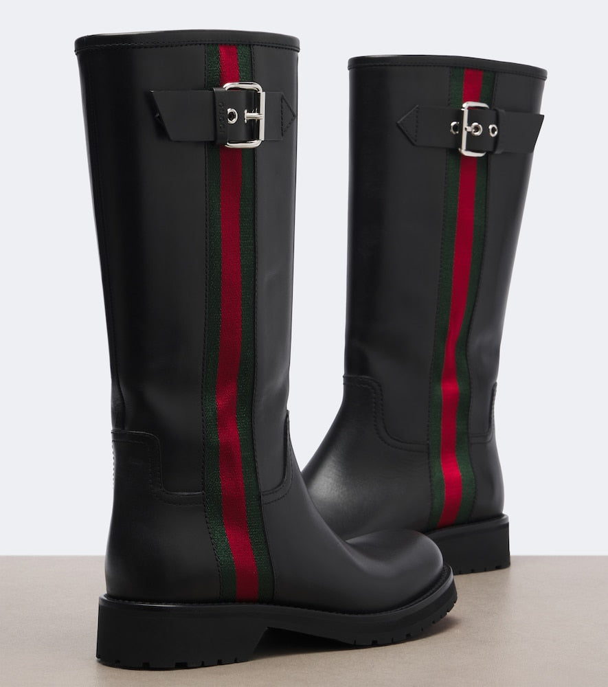 Gucci Web Stripe leather biker boots in Black - Flat Boots