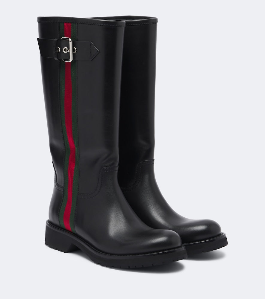 Gucci Web Stripe leather biker boots in Black - Flat Boots