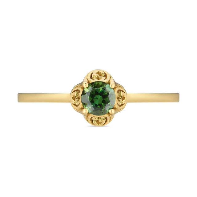Gucci Yellow Gold Interlocking G Ring with Tourmaline - Size 6.5