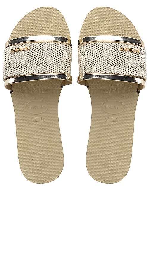Havaianas You Trancoso Premium Slide in Beige,Metallic Gold | Sand Grey Flat Sandals for Women
