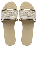 Havaianas You Trancoso Premium Slide in Beige,Metallic Gold | Sand Grey Flat Sandals for Women