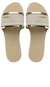 Havaianas You Trancoso Premium Slide in Beige,Metallic Gold | Sand Grey Flat Sandals for Women