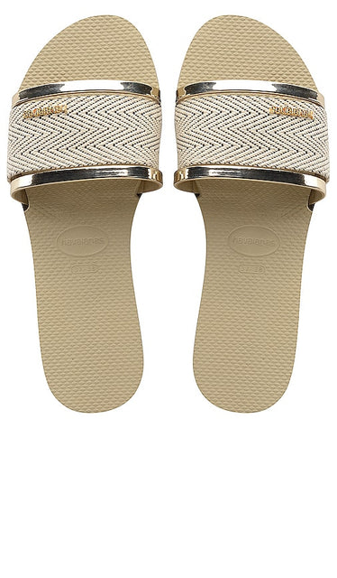 Havaianas You Trancoso Premium Slide in Beige,Metallic Gold | Sand Grey Flat Sandals for Women
