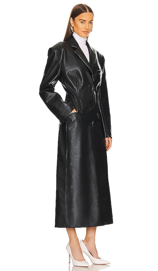 Helsa Waterbased Faux Leather Long Coat in Black