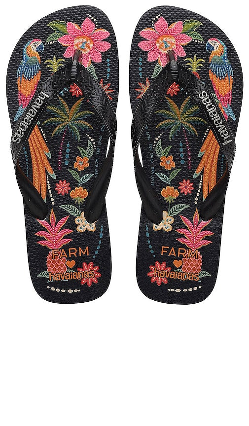 Havaianas Farm Rio Black Parrots Sandal in Black - Sandale Havaianas Farm Rio Black Parrots en noir - Havaianas Farm Rio 黑色鹦鹉凉鞋 黑色 - Havaianas Farm Rio Black Parrots Sandale in Schwarz - Havaianas Farm Rio 블랙 앵무새 샌들블랙 컬러 - Sandalo Havaianas Farm Rio Black Parrots in nero