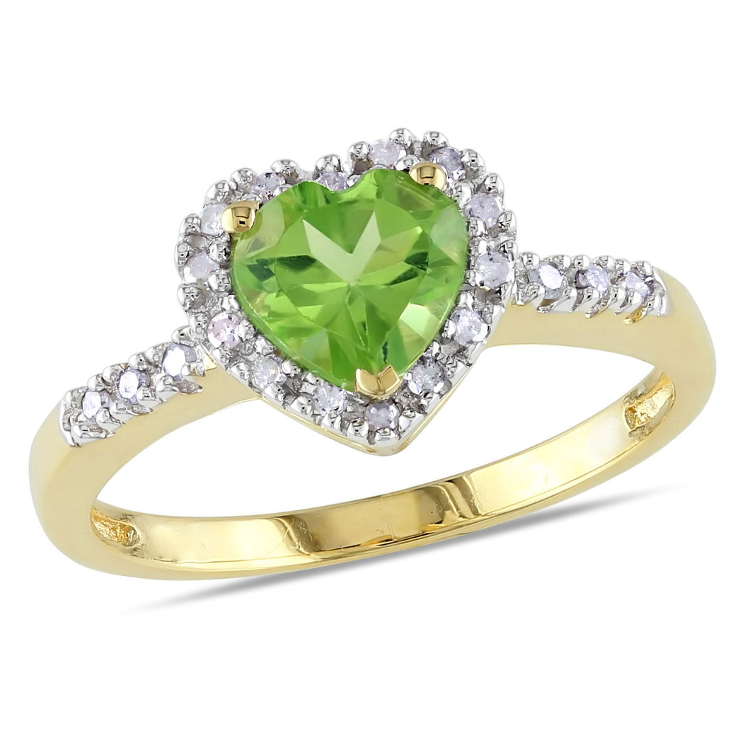 Heart Peridot and 1/10ctw Diamond Halo Yellow Gold Ring - Size 6