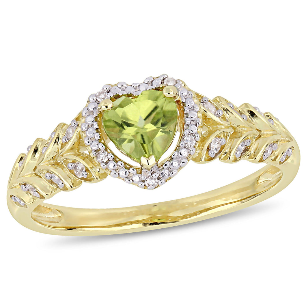 Heart Peridot and 1/20ctw Diamond Halo Yellow Gold Ring - Size 7