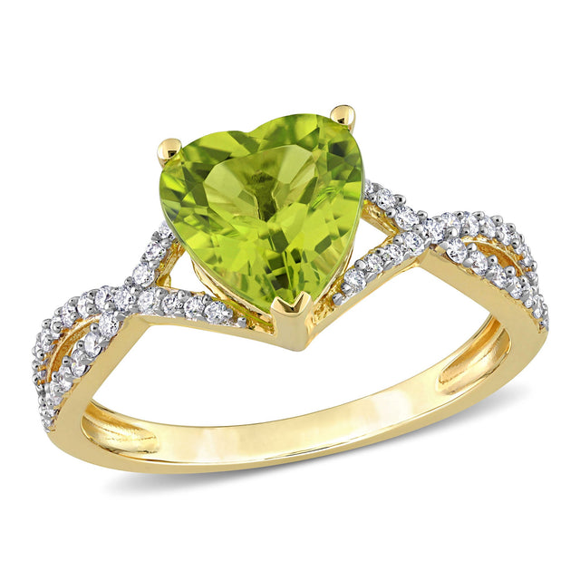 Heart Peridot and 1/5ctw Diamond Yellow Gold Ring - Size 9