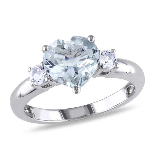 Heart-Shaped Aquamarine and Created White Sapphire Sterling Silver Ring - Size 6.5