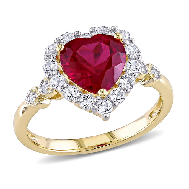 Heart-Shaped Created Ruby, White Topaz, and Diamond Accent Yellow Gold Fashion Ring - Size 5.5