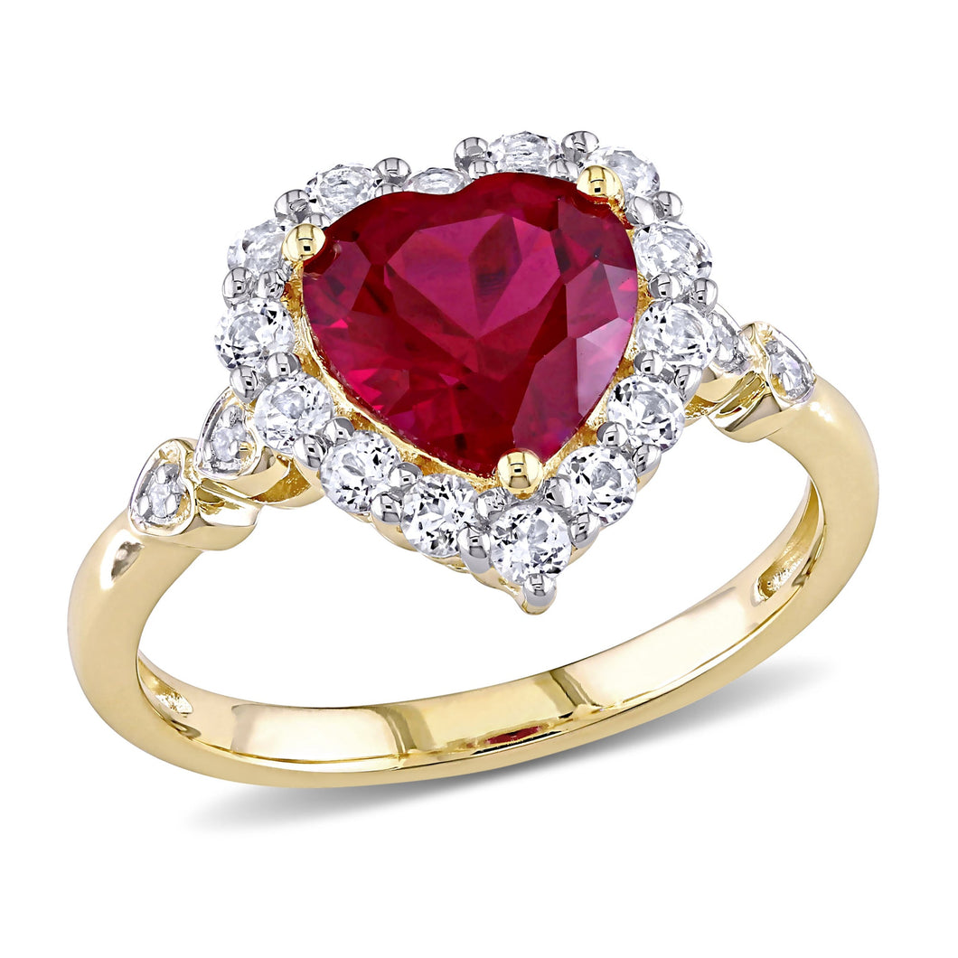 Heart-Shaped Created Ruby, White Topaz, and Diamond Accent Yellow Gold Fashion Ring - Size 5.5