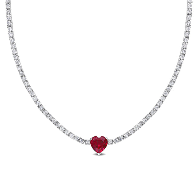 Heart-Shaped Created Ruby and Created White Sapphire Sterling Silver Tennis Necklace