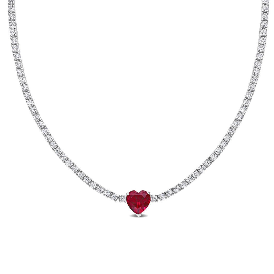 Heart-Shaped Created Ruby and Created White Sapphire Sterling Silver Tennis Necklace