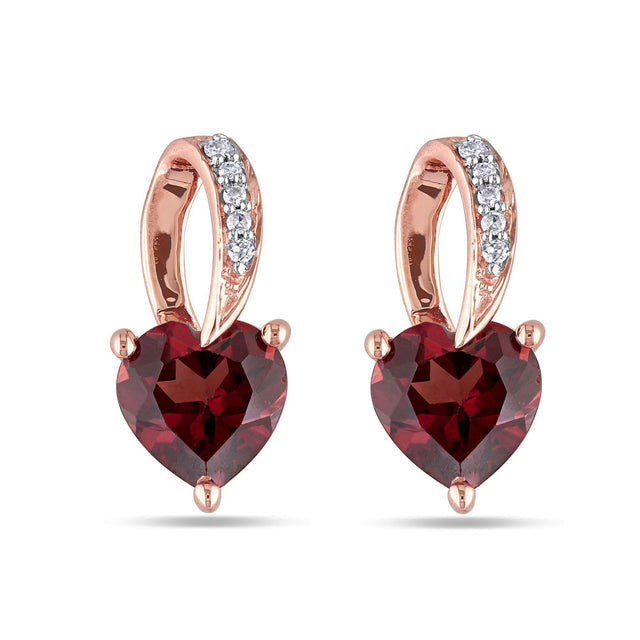 Heart Shaped Garnet and Diamond Rose Gold Earrings 1/50ctw