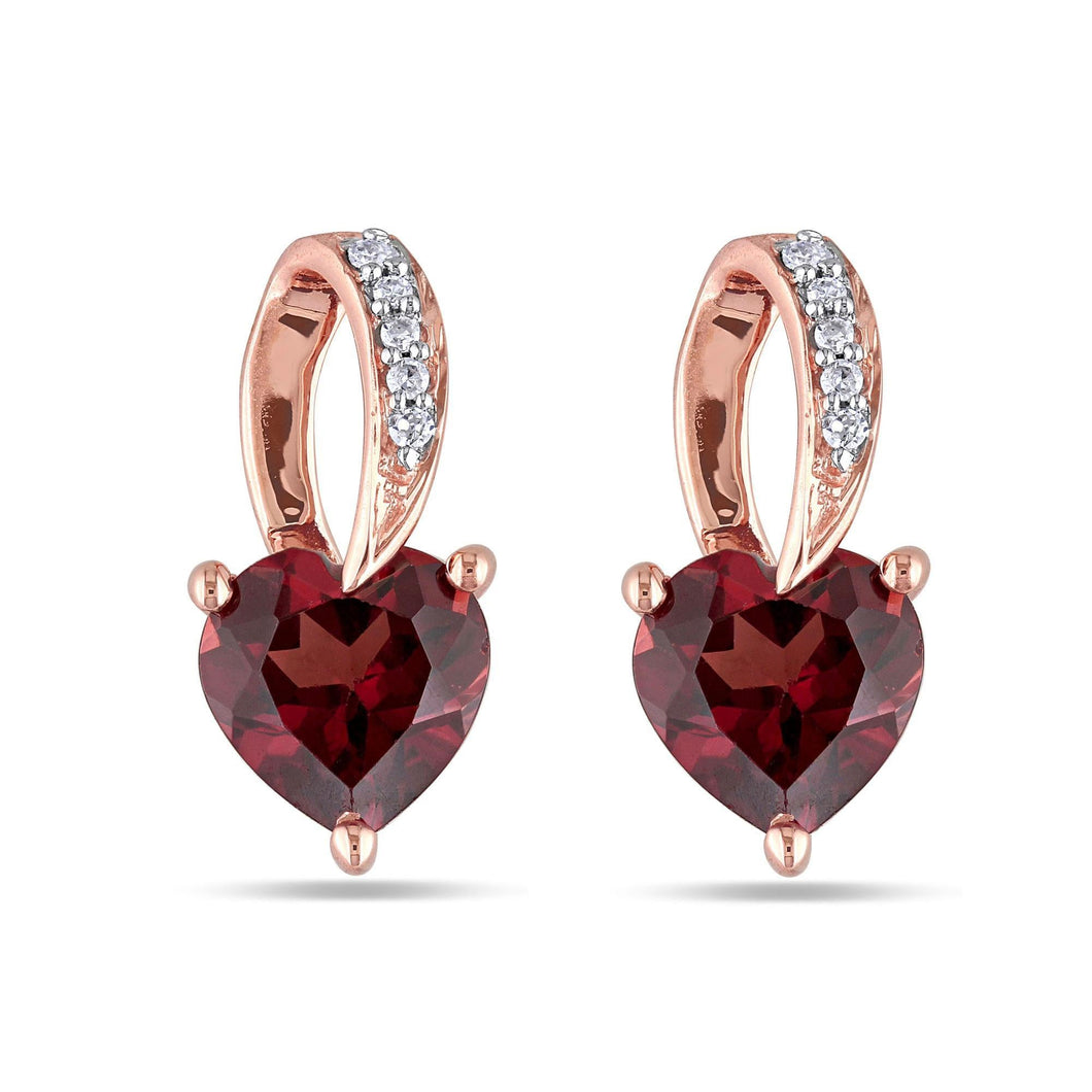 Heart Shaped Garnet and Diamond Rose Gold Earrings 1/50ctw