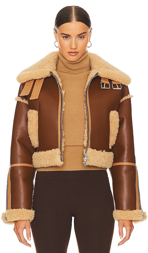 Helsa Cropped Faux Shearling Jacket in Brown
