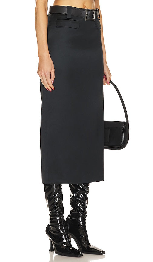 Helsa Heavy Satin Column Skirt in Black