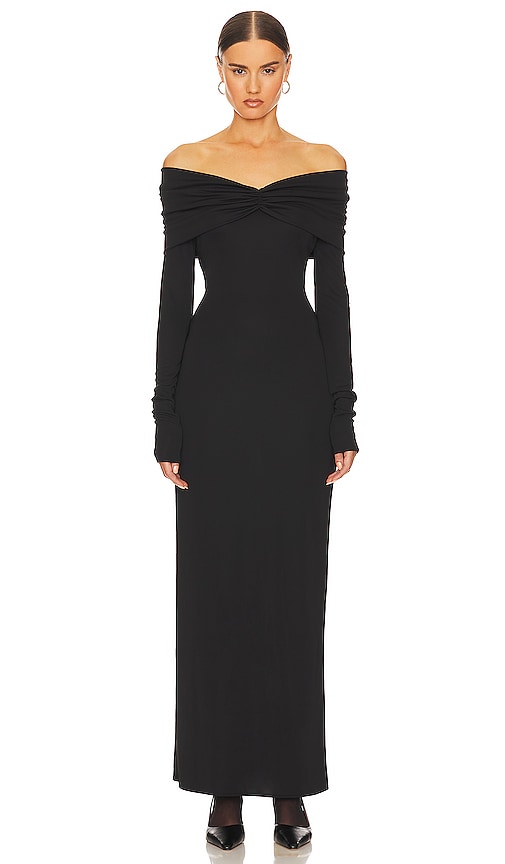 Helsa Matte Jersey Off Shoulder Maxi Dress in Black - Helsa - Robe longue en jersey mat à épaules dénudées - Noir - Helsa 黑色哑光平纹针织露肩长连衣裙 - Schulterfreies Maxikleid aus mattem Jersey von Helsa in Schwarz - Helsa Matte 저지 오프숄더 맥시 드레스블랙 색상 - Abito lungo Helsa in jersey opaco con spalle scoperte in nero