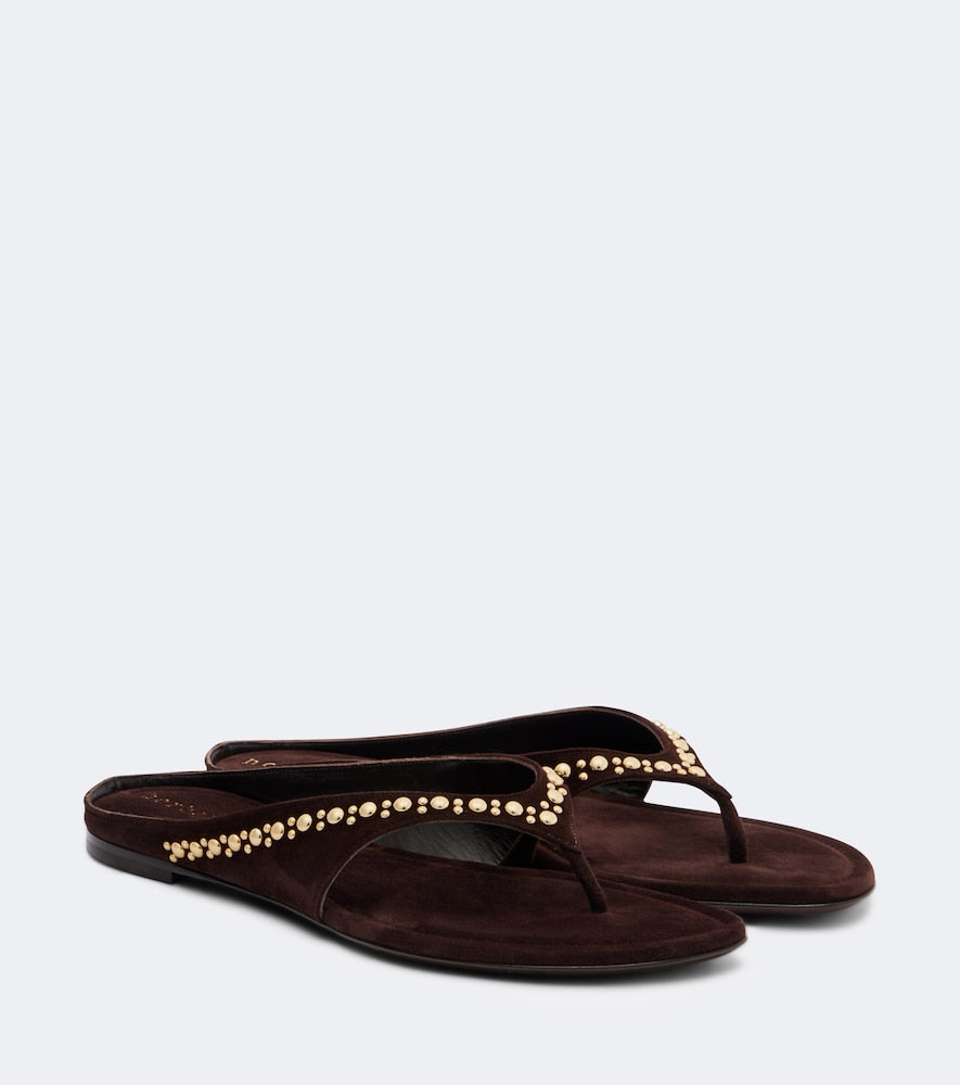 Brown Herbert Levine Sun-kissed embellished suede thong sandals - Flat Sandals