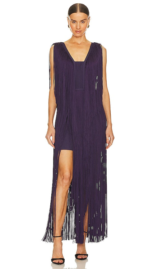 Herve Leger Plunging Fringe Gown in Purple - Robe à franges plongeante Herve Leger en violet - Herve Leger 紫色深 V 流苏礼服 - Herve Leger Kleid mit tiefem Ausschnitt und Fransen in Lila - Herve Leger 플런지 프린지 가운 퍼플 색상 - Abito con frange Herve Leger in viola