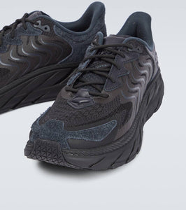 Hoka One One Clifton LS leather-trimmed mesh sneakers
