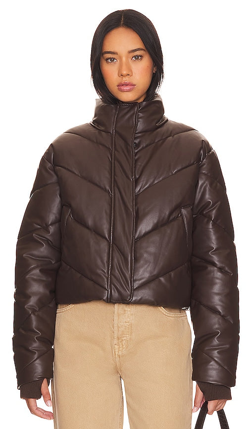 IVL Collective Faux Leather Puffer Jacket in Brown