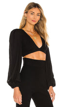 Indah Biru Solid Ruched Bodice Crop Top in Black