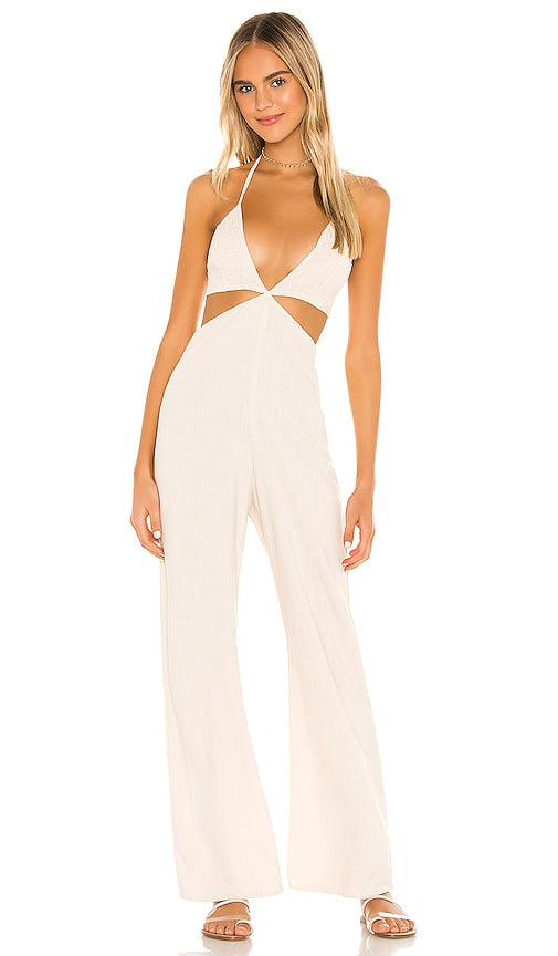 Indah Blaire Halter jumpsuit in Beige - Indah Blaire Combinaison dos nu en Beige - Indah Blaire 米色挂脖连身裤 - Indah Blaire Neckholder-Overall in Beige - Indah Blaire 홀터 점프수트, 베이지 색상 - Tuta Indah Blaire Halter in beige