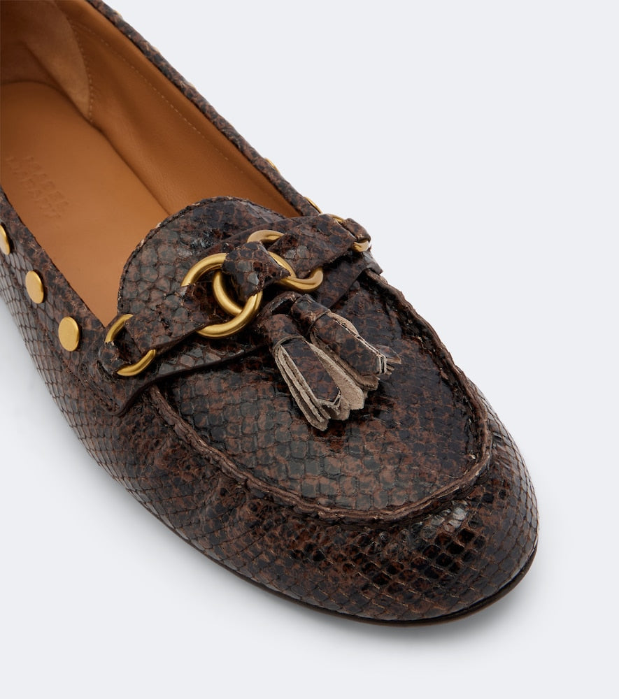 Brown Isabel Marant Faxel snake-effect studded leather loafers - Loafers