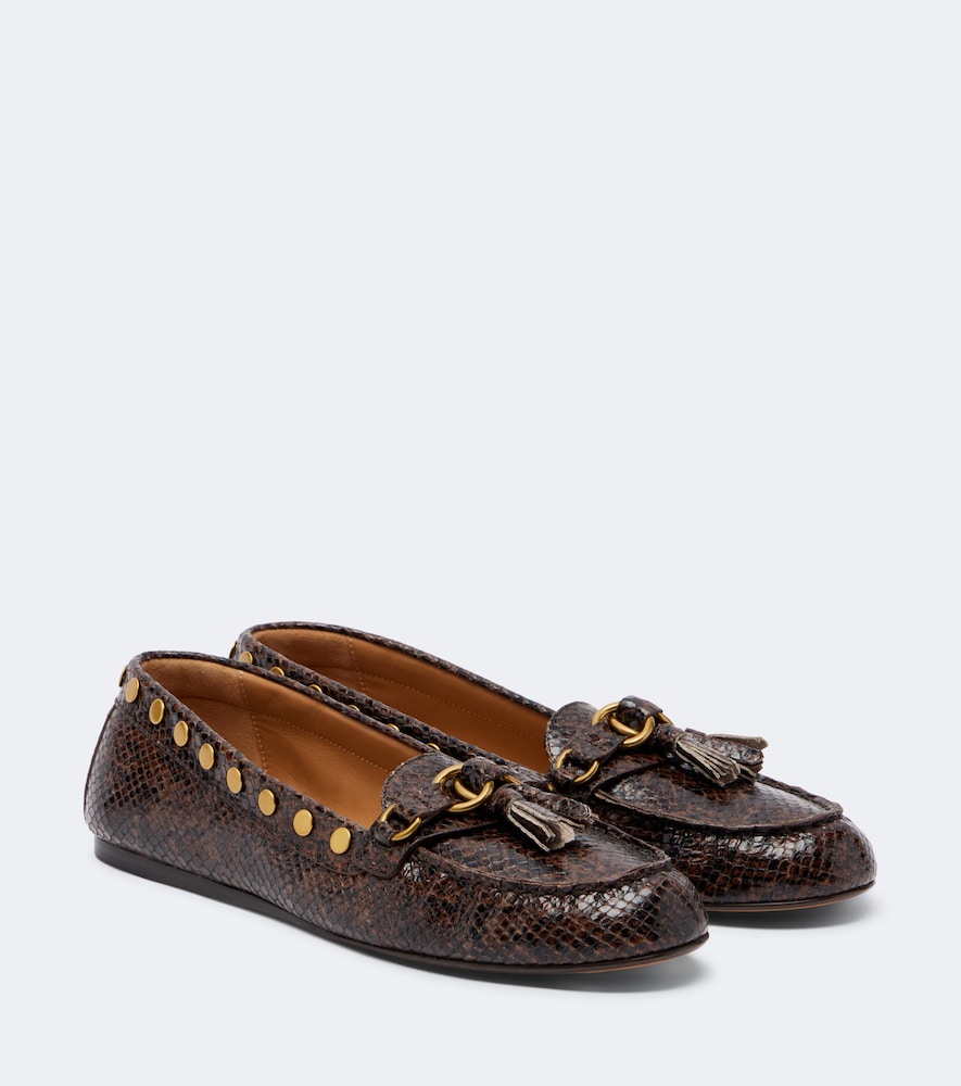 Brown Isabel Marant Faxel snake-effect studded leather loafers - Loafers