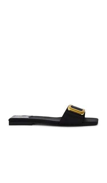 Jeffrey Campbell Minna Sandal in Black | Black Satin & Gold Flat Sandals for Women