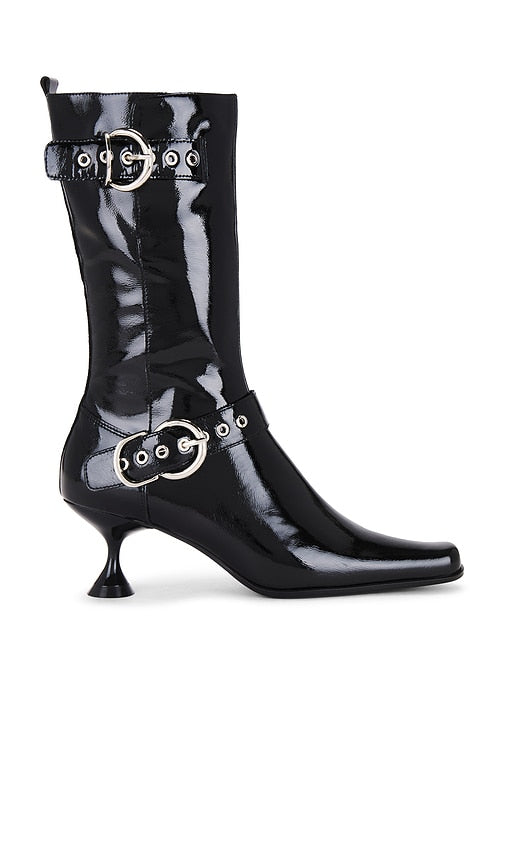 Jeffrey Campbell Cornered Boot in Black | Black Crinkle Patent Heeled Boots for Women