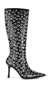Jeffrey Campbell Holey Boot in Black | Black Crinkle Patent Comb Heeled Boots for Women