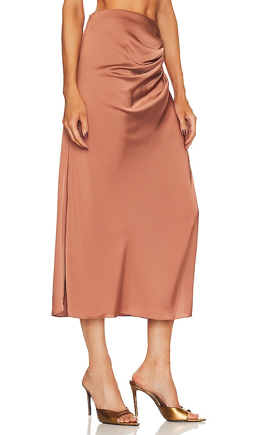 JONATHAN SIMKHAI STANDARD Marguerite Ruched Midi Skirt in Tan