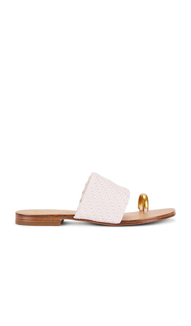 SIMKHAI Ariana Woven Leather Sandal With Metal Toe Ring in Ivory | Ivory Flat Sandals for Women