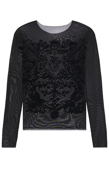 Jaded London Flock Mesh Wing Print Top in Black - Jaded London - Top en maille floquée à imprimé ailes - Noir - Jaded London 植绒网布翼形印花黑色上衣 - Jaded London Flock Mesh Wing Print Top in Schwarz - Jaded London 플록 메시 윙 프린트 탑 블랙 색상 - Top Jaded London con stampa ad ali in rete floccata in nero