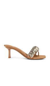 Jeffrey Campbell Capture Sandals in Beige | Beige Satin Silver Open Toe Mules for Women